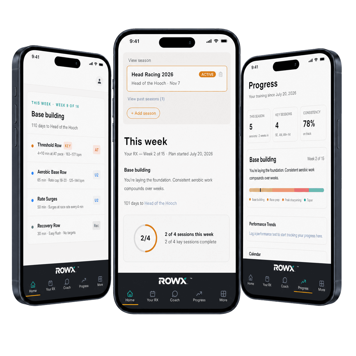 RowX app showing training plan, session dashboard, and progress tracking